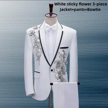  Нов елегантен Бял Черен комплект с цветен модел, Мъжки сватбени костюми с висока яка, Официален костюм на младоженеца-смокинг (яке + панталон + папийонка)