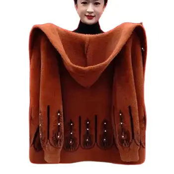  Нова кадифе палто от изкуствена кожа кадифе, женски вязаный пуловер, есенно-зимни дрехи за майки на средна възраст, Свободни ежедневни блузи с качулка
