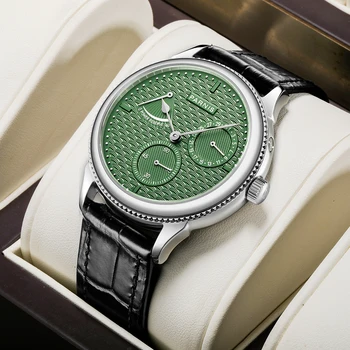 Нова мода Parnis 42 мм Зелен Циферблат Автоматичен Мъжки часовник С Запас от ход Календар Механични Мъжки Кожени Часовници Relogio Masculino