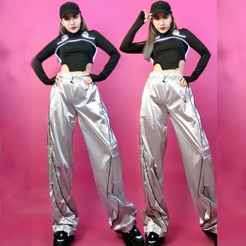 Нова танцови на женската група Kpop, Черно хип-хоп топ, панталон на райета, костюми за улични танци, облекла за джаз танци, облекло за сцена SL8987