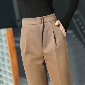  Новата версия на 2021 г. с висока талия Съкратен тесни панталони Директни ежедневни панталони с зауженными ръбове Вълнени зреещи Дамски Есен-зима