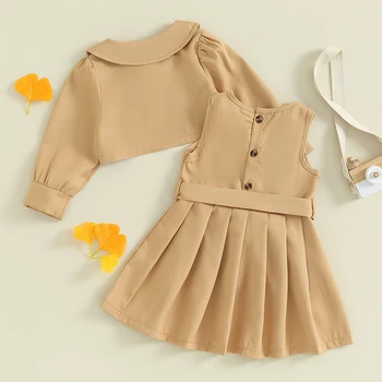  Однотонная риза с дълъг ръкав и дебнещ рокля за момиче, комплект прагове трапецовидна форма с рюшами и колан, есенни тоалети