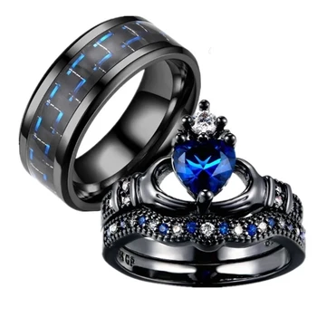  Очарователно пръстен за двойка Мъжки пръстен от въглеродни влакна от неръждаема стомана със сини цирконием Набор от женски годежни пръстени, бижута Подарък за Свети Валентин