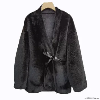  Плюшен сако, дамско зимно топло пушистое палта, дамски елегантен модерен руното на горно облекло, дамско ежедневното топло палто с завязками свободно намаляване на