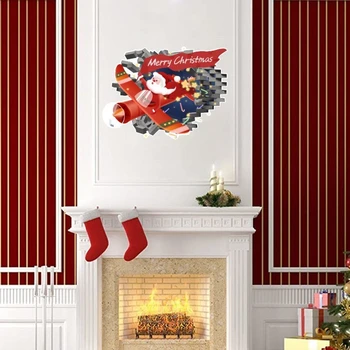  Подаръци, Дядо Коледа самолет Стикер на стената за детска стая Мультяшное графити 3D Счупена стена Дядо Коледа Стикери за стена, PVC