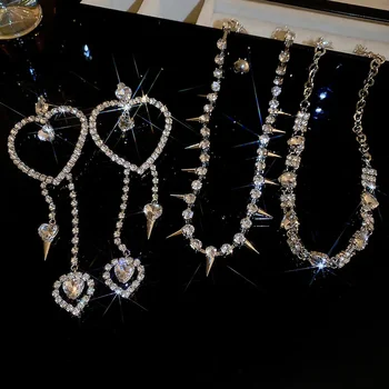 Преувеличени обеци-капки с пискюли от планински кристал, колие за жени, Луксозен комплект бижута за сладък партита
