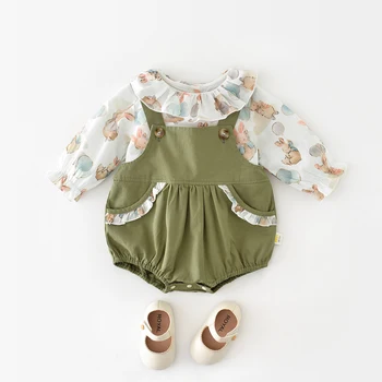  Пролетни комплекти дрехи за малките момичета, риза с цветен модел за деца и зелено боди, 2 броя, дрехи за новородени момичета, есента за най-малките момичета