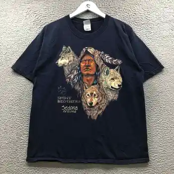  Реколта мъжка тениска Spirit Brothers 90-те години на Седона Arizona с къс ръкав Wolf Navy