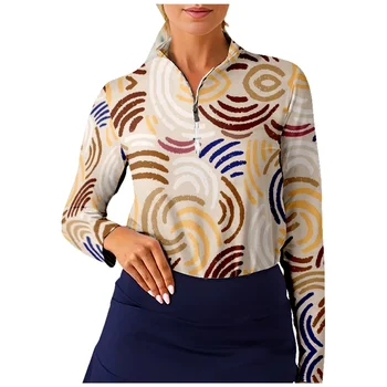  Риза за голф с абстрактен модел, женска риза с дълъг ръкав с цип, Дишащи бързо съхнещи блузи, ежедневни, спортно облекло