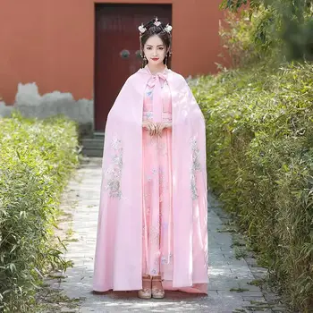  Розов Китайски Дъждобран Hanfu За жени и момичета, Реколта Топло Луксозен Наметало с бродерия, палто с качулка, Старото палто принцеса за cosplay