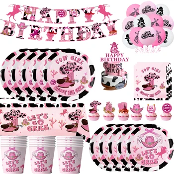  Розова ковбойская тема в стил Уестърн, аксесоари за парти по случай рожден ден, Набор от прибори за еднократна употреба за душата на детето, украса за рожден ден, момичета, с конете ферма