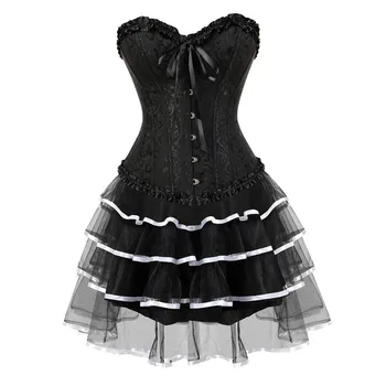  Рокля-корсет за жени, костюм голям размер, бурлеска с отворени гърди, комплект с пола, корсетные рокли пачки в викторианска мода, черен