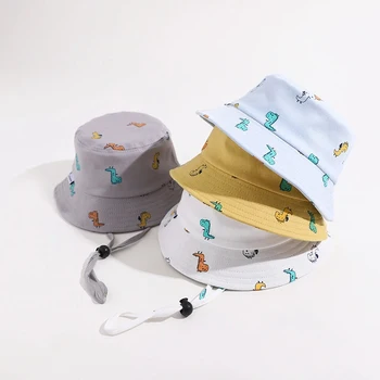  Сладко детска риболовна шапка с анимационни принтом Динозавър, Лятна памучен панама за деца, Ветрозащитная Солнцезащитная шапка