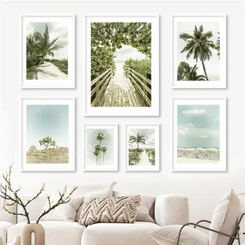  Стари Палми на Плажа на Залез слънце Пейзаж Платно Картина, Плакат Природа на Стенно изкуство, Декорация на хола Картина за дома