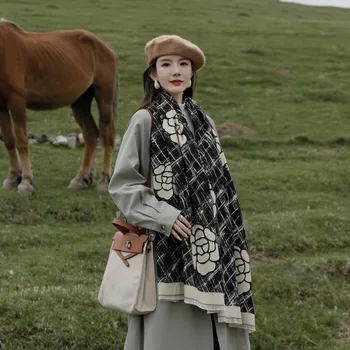  Темпераментна шал с камелией, дамски новата зимна мода, ретро клетчатая врата