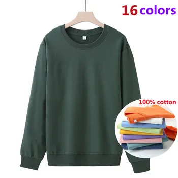  Тениска от плътен памук, За мъже и жени, в началото на с кръгло деколте и дълъг ръкав, висококачествен обикновен пуловер, пролетно ежедневни долна риза
