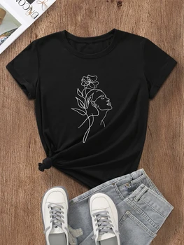  Тениска с портрет на модел и растително принтом, памучен тениска в Готически стил гръндж, естетична модни дамски ежедневни тениска с къс ръкав