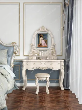  Тоалетка с огледало в европейски стил, Светла спалня, Луксозно обзаведени с мебели от масивно Дърво, Малко огледало за грим, Тоалетка с огледало, вграден в бюро