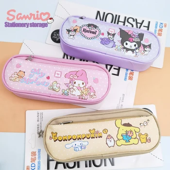  Чантата-дръжката на Sanrio за момичета игра с анимационни мелодия Kuromi Kids, двупластова кутия за офис консумативи, по-голям капацитет, просто холщовая чанта, студентски молив случай