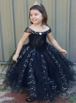  Черна блестяща рокля-пакет за момичета, детски рокля от лъскава тюл, бална рокля, детски костюм за рождения ден, вечерта на банкет, рокля на принцеса